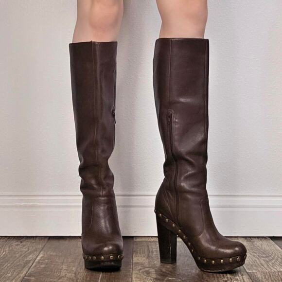Shoes - Brown Leather Knee High Platform Boots Studded Clog Heel EU 38 Boho Y2K